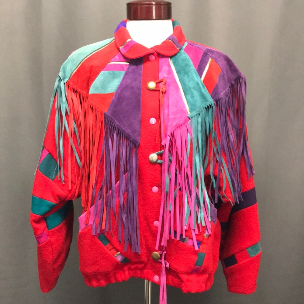 🔺SOLD🔺Leather and wool colorful fringe jacket - Picture 2 of 8